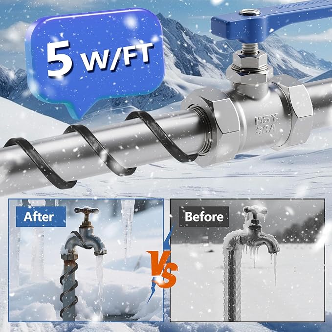 Pipe Heating Cable 6FT (3FT-200FT) for Metal & Plastic Water Pipes - Freeze Protection up to -40°F, 5W/FT 120V Heat Tape to Keep Water Flowing