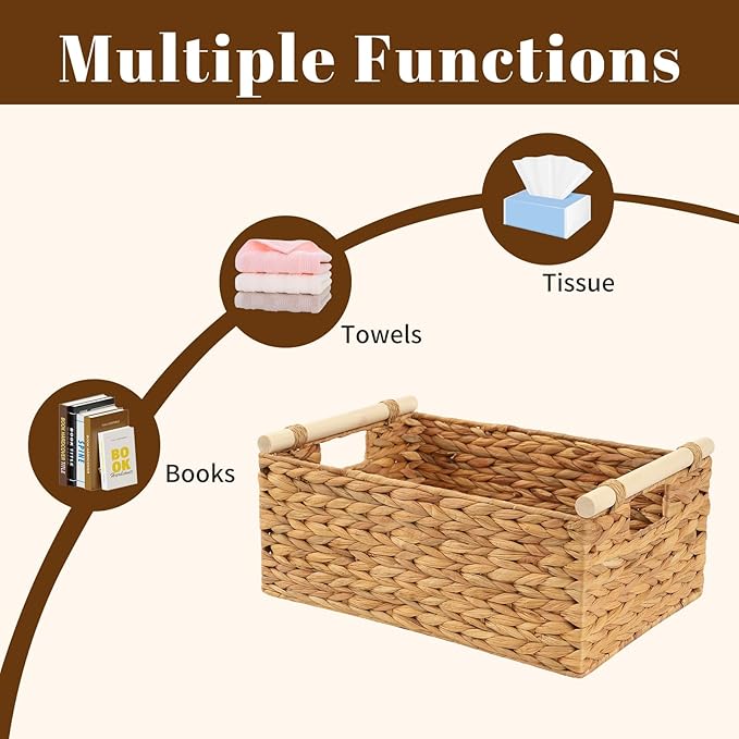 Wicker Storage Basket with Handles 15.5x10.8x6.2 Inch, Natural Woven Storage Baskets for Shelves Organization, Decorative Basket for Kitchen, Bathroom, Living Room Decor, Farmhouse Home Decor