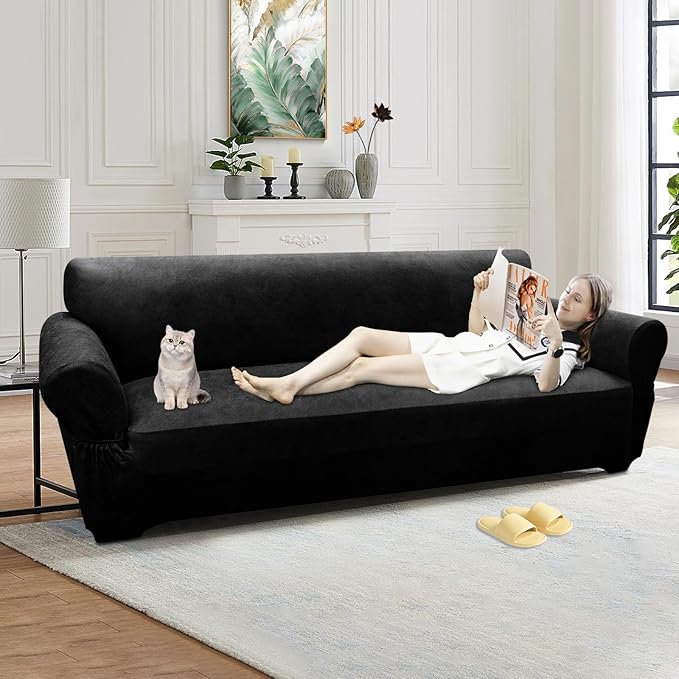 Oversized Sofa Slipcover Leather Look Couch Cover for 4 Seater Sofa 1-Piece Sofa Cover Stretch Furniture Protector with Elastic Bottom & Pockets(XL Sofa, Black)
