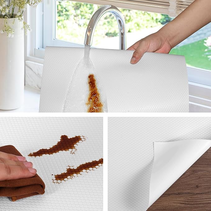 White Shelf Liners for Kitchen Cabinets Non Adhesive Drawer Liner for Bathroom Waterproof Refrigerator Liners for Shelves Fridge Plastic Mats Cabinet Cupboard Liner 23.6 x 393.7 Inches