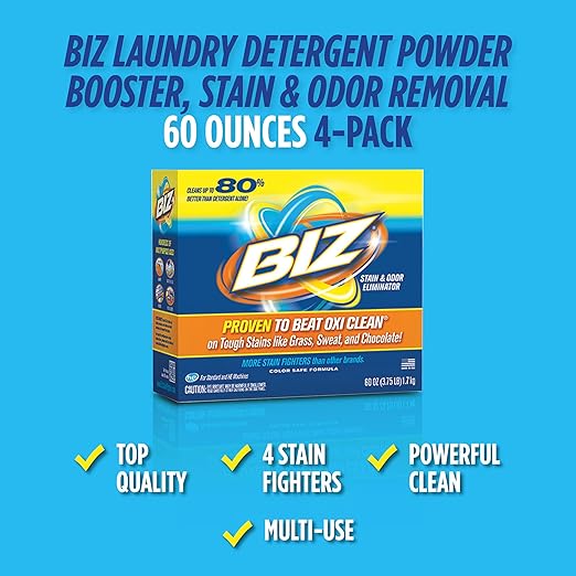 Biz Laundry Detergent Powder Booster, Stain & Odor Removal - 4-Pack, 60 Ounce Boxes