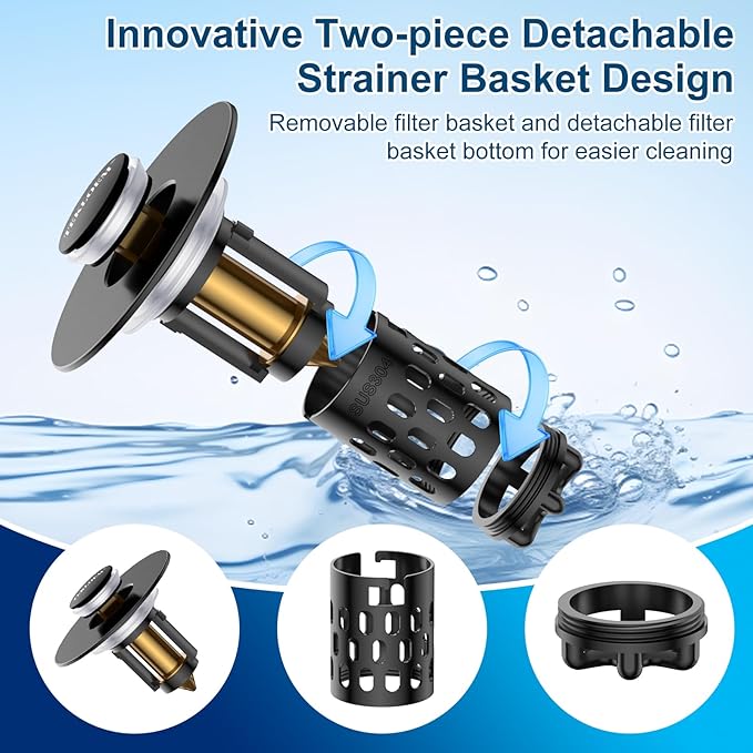 Bathroom Sink Stopper,All Metal Pop-Up Sink Drain Strainer with Removable Stainless Steel Filter Basket, Universal Bathroom Hair Catcher Fit for 1.1-2.36'' Drain (Black, 1 Pack)