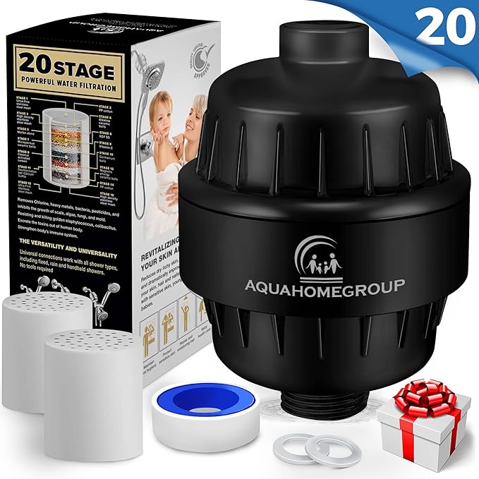 AquaHomeGroup 20 Stage Shower Filter with Vitamin C & E - High Output Shower Water Filter to Remove Chlorine and Fluoride - 2 Cartridges Included -Consistent Water Flow Showerhead Filter