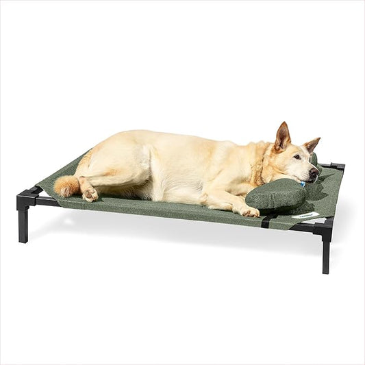 Coolaroo Pro Elevated Dog Bed with HeatShield Fabric – Advanced Cooling Raised Cot for Small & Medium Breeds, Easy-Clean, Low-to-Ground Access, Bonus Bolster Pillow – Everglade Green