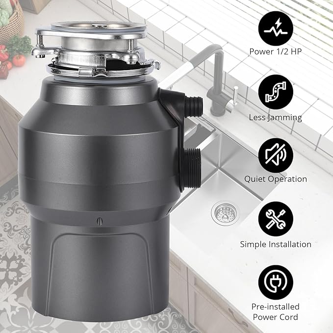 0.5HP 1/2HP Garbage Disposal, 380W 110V Continuous Feed Food Waste Disposer with 14 in Power Cord, 3500r/Min Food Waste Grinding System for Kitchen Sinks, Wireless Switch