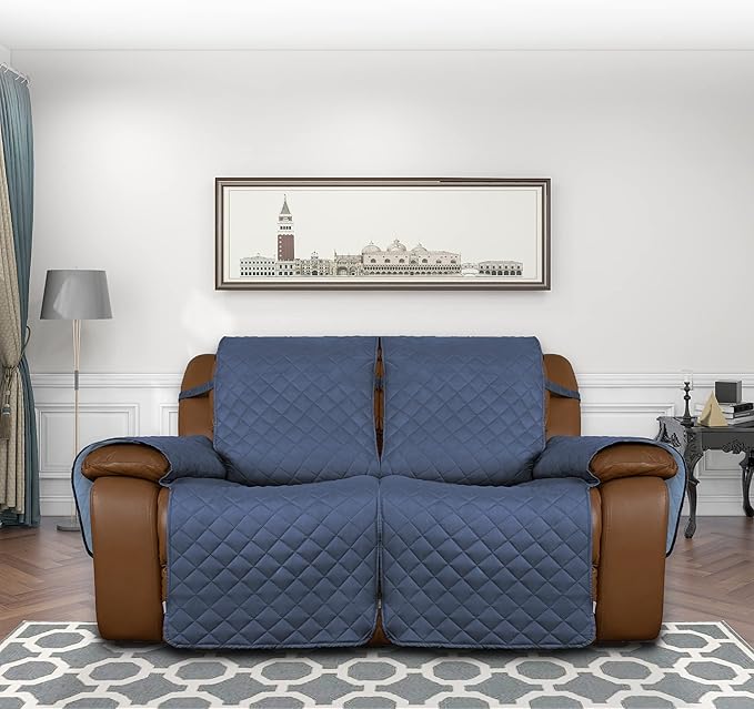 Easy-Going Oversized Loveseat Recliner Cover, Reversible Couch Cover for Double Recliner, Split Sofa Cover for Each Seat with Elastic Straps for Kids, Dogs(Oversized 2 Seater, Dark Blue/Light Blue)