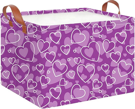 CLOCOR Rectangular Storage Basket Empty, Purple Heart Gift Basket for Valentines' Day, Waterproof Storage Bin with Handles, Room Decor(Purple Love)