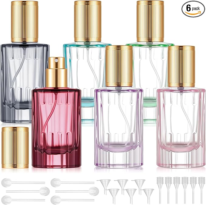 6 Pcs 30/50/100ml Empty Glass Perfume Bottles Bulk Pack for Perfume Makers Refillable Atomizer Cologne Bottles DIY Vintage Fragrance Packaging Glass Bottling Supplies (Colorful,30 ml)