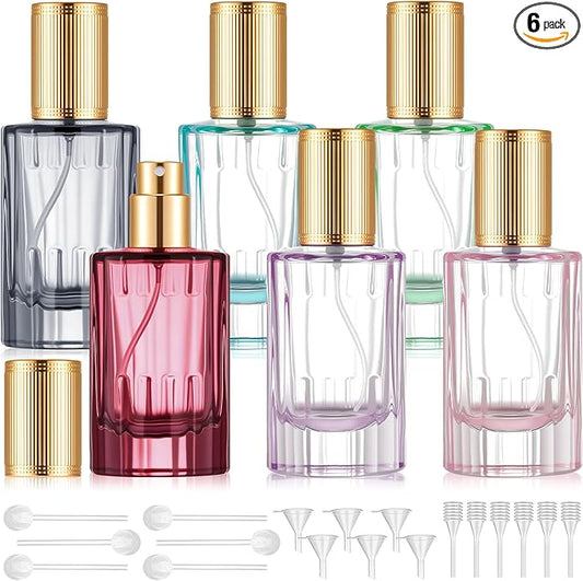 6 Pcs 30/50/100ml Empty Glass Perfume Bottles Bulk Pack for Perfume Makers Refillable Atomizer Cologne Bottles DIY Vintage Fragrance Packaging Glass Bottling Supplies (Colorful,30 ml)