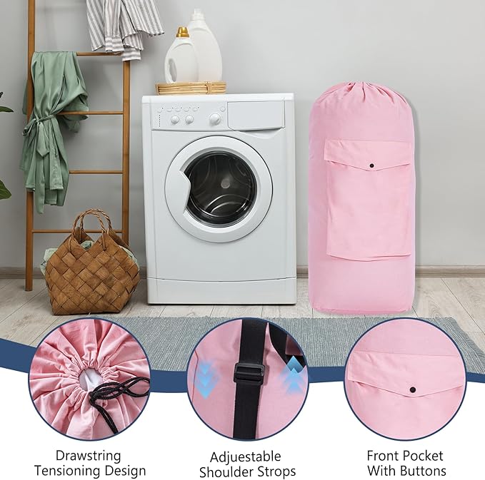 Sanlykate Canvas Backpack Laundry Bag - Extra Large Durable Dirty Clothes 2-3 Days Capacity with Adjustable Shoulder Strap & Front Pocket, for College Dorm, Apartment, Laundromats, Camping Travel