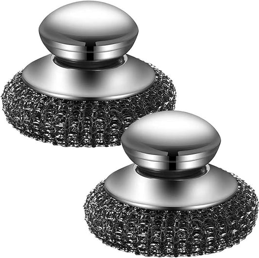 Onewly 2Pack Steel Wool Dish Scrubber, Stainless Steel Dish Brush with Ergonomic Stainless Steel Handle, for Cleaning Dishes, Cast Iron, Stock Pots, Pans, Griddles, Grills