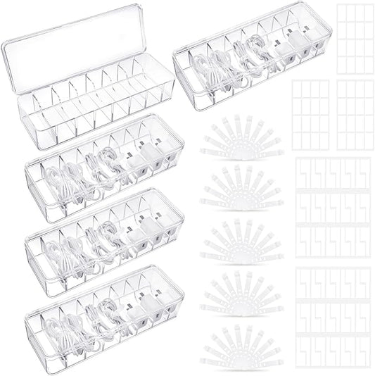 Cable Organizer Box with Lid, 5 Pcs Clear Cord Storage Organizer with 50 Cable Ties 108 Cable Labels, Charger Organizer for Office Desk Drawer Organizers and Accessories