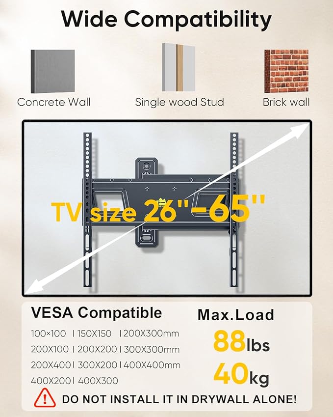 Landscape to Portrait Rotating TV Wall Mount for Vertical Mounting of Displays,Menu Wall Board Mount for 26-65" TVs Holds 88 lbs, Full Motion Corner TV Mount Height Adjusted,VESA 400x400,FORGINGMOUNT