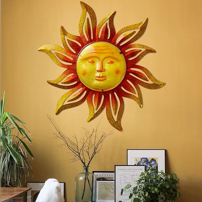 Large Size 32Inch Metal Sun Outdoor Wall Art Decor Large, Hanging for Indoor Outdoor Patio Garden Fence Yard Pool Wall Sculpture Decoration for Living Room