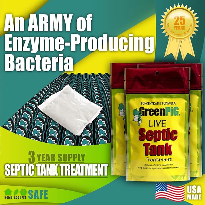 Green Pig Septic Tank Treatment Packets – Septic-Safe Enzyme Treatment for Preventative Maintenance, Helps Prevent Clogs & Odors, 3-Year Supply (12 Packets)