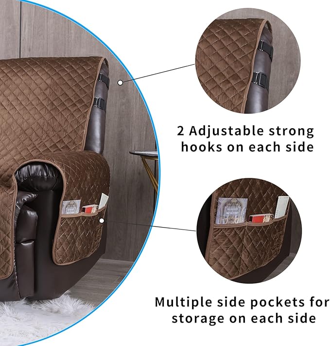 Velvet Recliner Covers Non Slip Waterproof Large Recliner Chair Covers for Leather Chairs Reversible Recliner Sofa Cover for Living Room Recliner Furniture Protectors Covers for Dog Pets Brown 28"