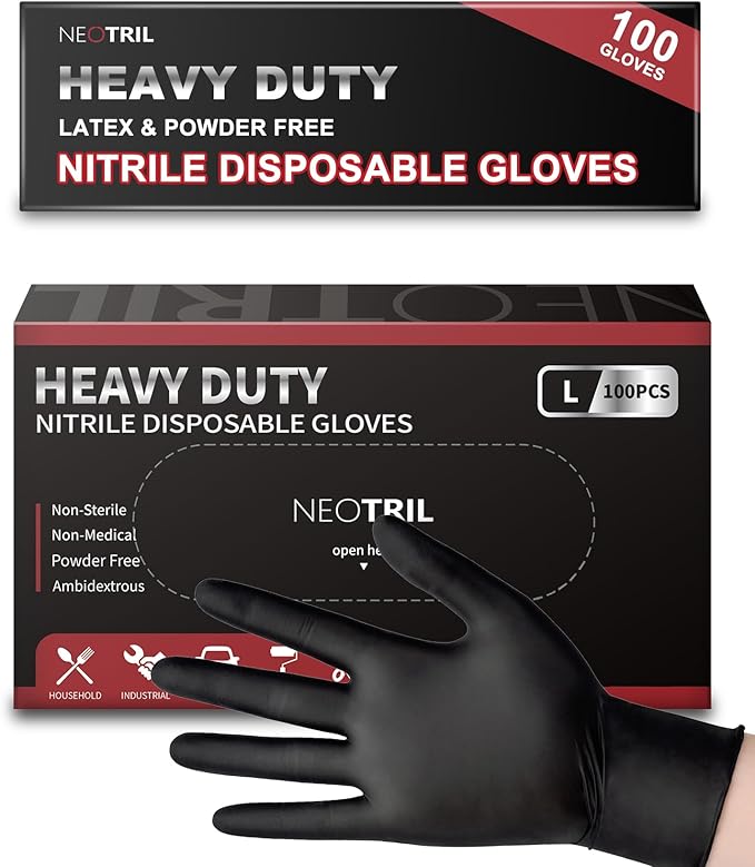 6 Mil Heavy Duty Black Nitrile Disposable Gloves, Latex Powder-Free, Textured Rubber Gloves for Cooking Mechanic