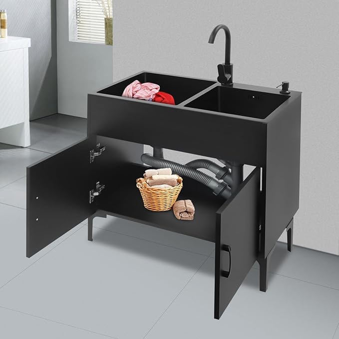 30-Inch Laundry Sink with Cabinet & Hot/Cold Faucet, Large Utility Sink Cabinet with Stainless Steel Double Sinks & Drain Basket, Freestanding Black Cabinet with Sink for Laundry&Utility Room,Kitchen