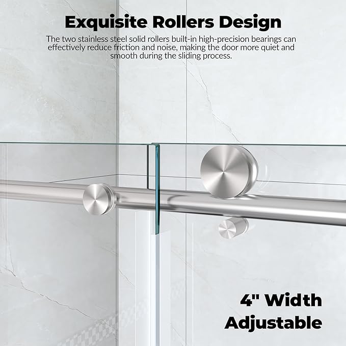 Glass Shower Door 44–48 Inch W x 76 Inch H – Frameless Sliding Shower Door, 8mm Coated Tempered Glass, Single Fixed & Sliding Glass Door, Brushed Stainless