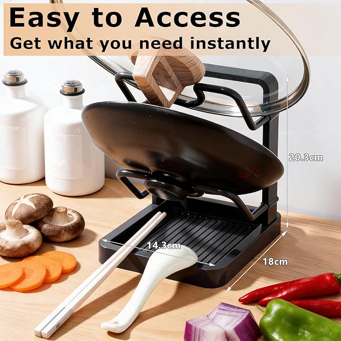 Kitchen Pot Lid Storage Rack, Carbon Steel Pot Lid Holder While Cooking,Countertop Pot Lid Organizer with Tray,Multifunctional Kitchen Utensil Organizer for Spatula,Ladle,Cutting Board (Gray,Double)