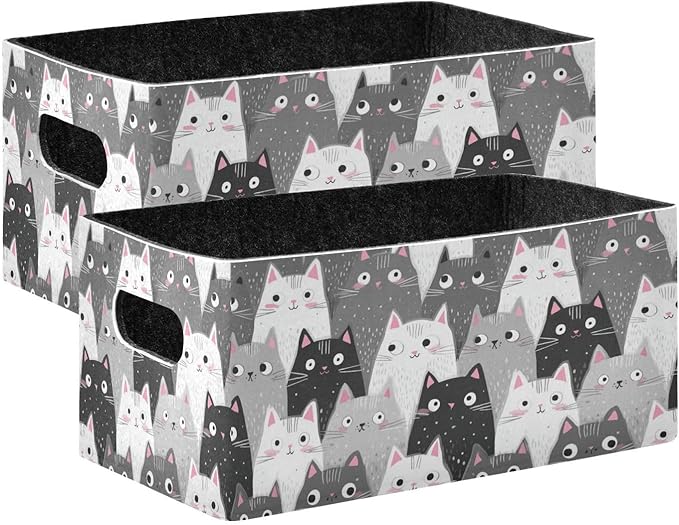 Kcldeci Cartoon Cats Kitten Storage Bins Baskets for Organizing, Black Grey White Sturdy Storage Basket Foldable Storage Baskets for Shelves Closet Nursery Toy