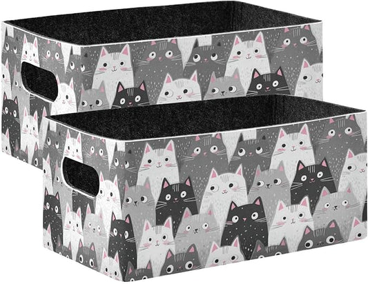 Kcldeci Cartoon Cats Kitten Storage Bins Baskets for Organizing, Black Grey White Sturdy Storage Basket Foldable Storage Baskets for Shelves Closet Nursery Toy