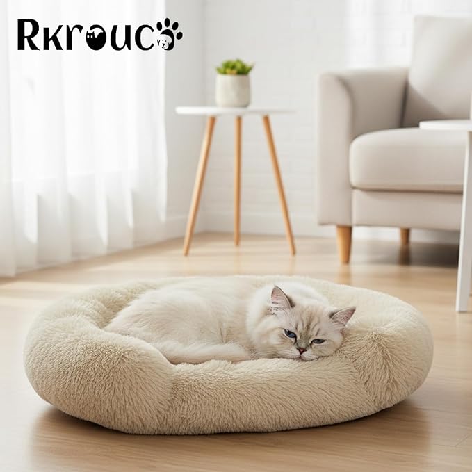 Fluffy Dog Bed Calming Donut Beds for Large Dogs Warming Round Small Medium Pet Nest Cozy Cat Mattress Indoor Washable Puppy Kennel Kittens Sleep Mat (XS, 20×20 inch, Khaki)