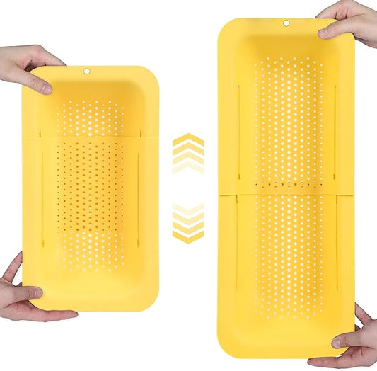 BLUE GINKGO Over the Sink Colander Strainer Basket - Wash Vegetables and Fruits, Drain Cooked Pasta and Dry Dishes - Extendable - New Home Kitchen Essentials (Yellow, 1 Pack)