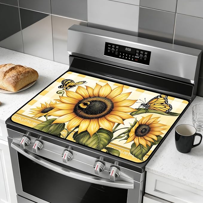 Glass Stove Top Covers for Electric Stove, Heat Resistant Counter Protector Mat, Non Slip Waterproof Surface Cover for Kitchen Counter and Cooktop (Sunflower Check, 28"L x 20"W)