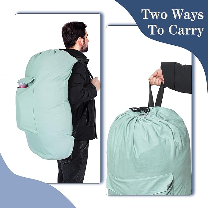 Sanlykate Canvas Backpack Laundry Bag - Extra Large Durable Dirty Clothes 2-3 Days Capacity with Adjustable Shoulder Strap & Front Pocket, for College Dorm, Apartment, Laundromats, Camping Travel