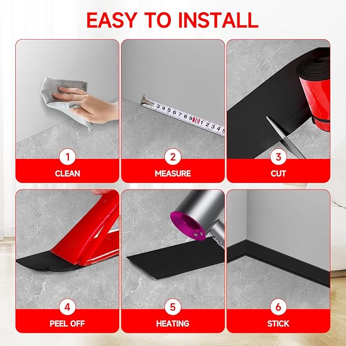 Flexible Baseboard Molding Trim 3 Inch(W) x 40 Feet(L) Self Adhesive Vinyl Wall Base Peel and Stick Cove Base,Rubber Wall Base. (Black)