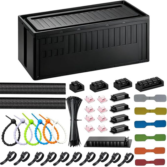 Cable Box - [142Pcs] Cable Management Kit, Medium Cord Hider Box to Conceal Power Strip Holder on Desk or Floor, Under Desk Cable Management Kit Cable Organizer Box, TV Cord Organizer Box, Black
