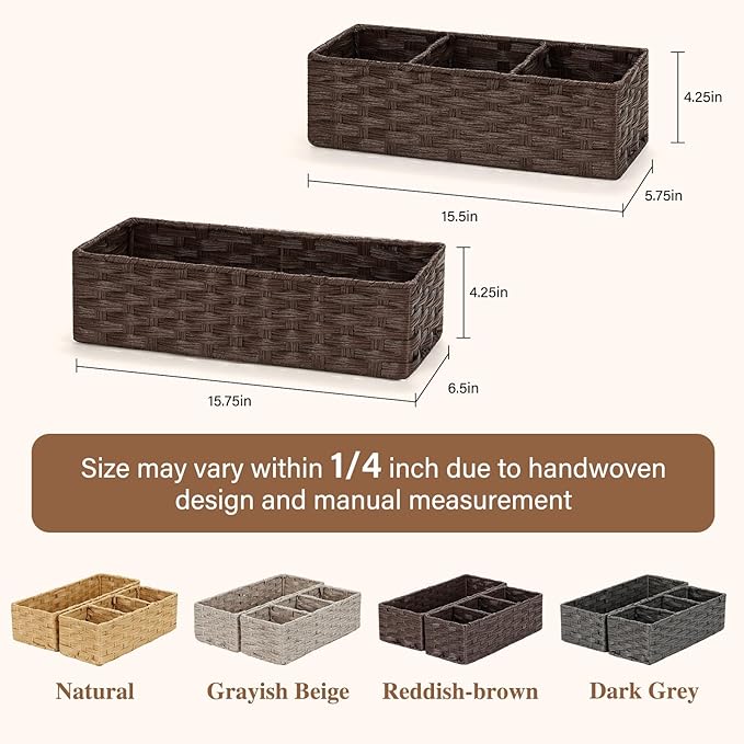 Bidtakay Narrow Hand-woven Wicker Storage Bins Small baskets for Organizing 2-Pack Waterproof Imitation Wicker Baskets for Storage Long Storage Basket for Shelf Washroom Basket Reddish Brown