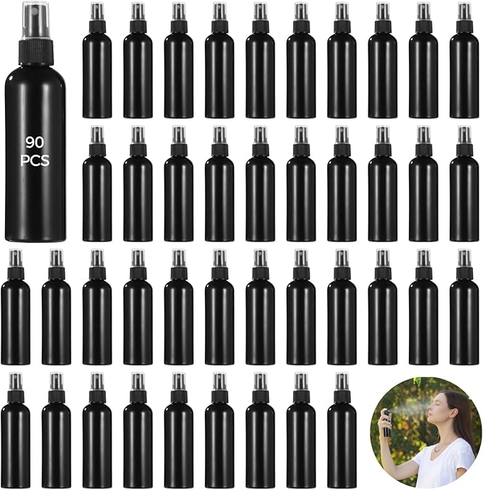 ZALIR 90 Pcs 4 oz Plastic Spray Bottles - 120 ML Travel Size, Fine Mist Sprayers, Ideal for Perfumes, Cosmetics, Cleaning Solutions, and More, Black