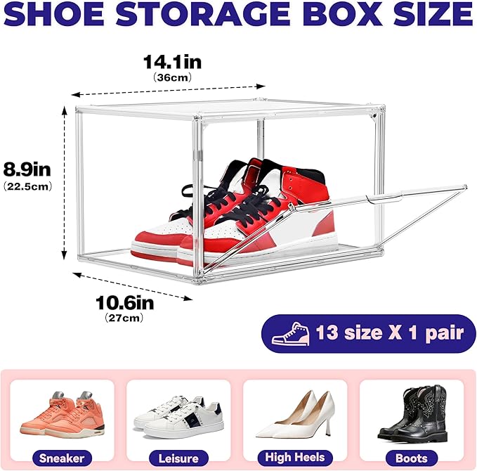 Clear Shoe Storage Boxes 6 Pack, Size 13 Acrylic Shoe Box Stackable Large Sneakers Display Case with Magnetic Door Hat Collectibles Handbag Purse Organizer for Closet