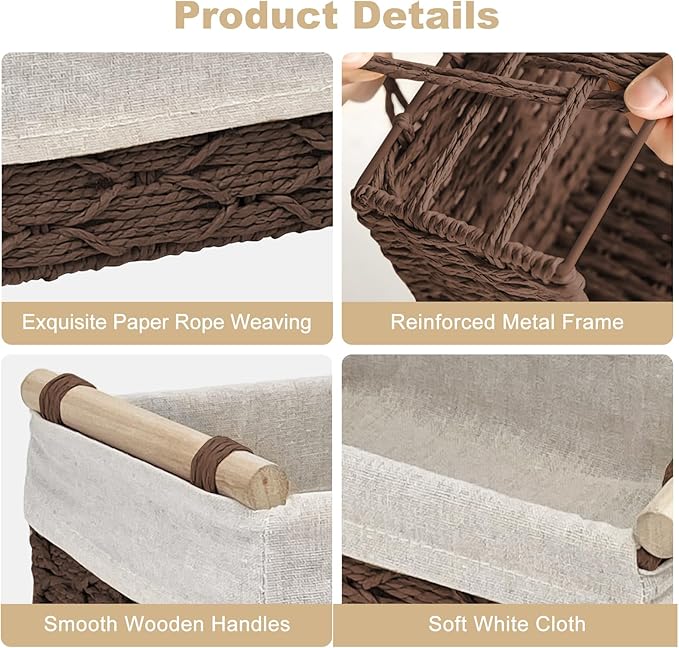 Wicker Storage Baskets with Wooden Handle, Decorative Paper Rope Organizer Bins for Home, Bathroom, or Countertop, Small Baskets Set of 2 (Dark-Brown)