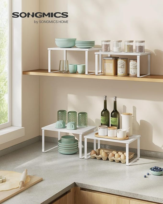 2-Piece Stackable Cabinet Organizer Shelf Set - Expandable Kitchen Spice Rack Storage in White