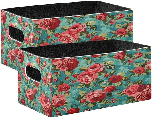 Kcldeci Red Green Rose Storage Bins Baskets for Organizing 2Pack, Sturdy Storage Basket Foldable Storage Baskets for Shelves Closet Nursery Toy