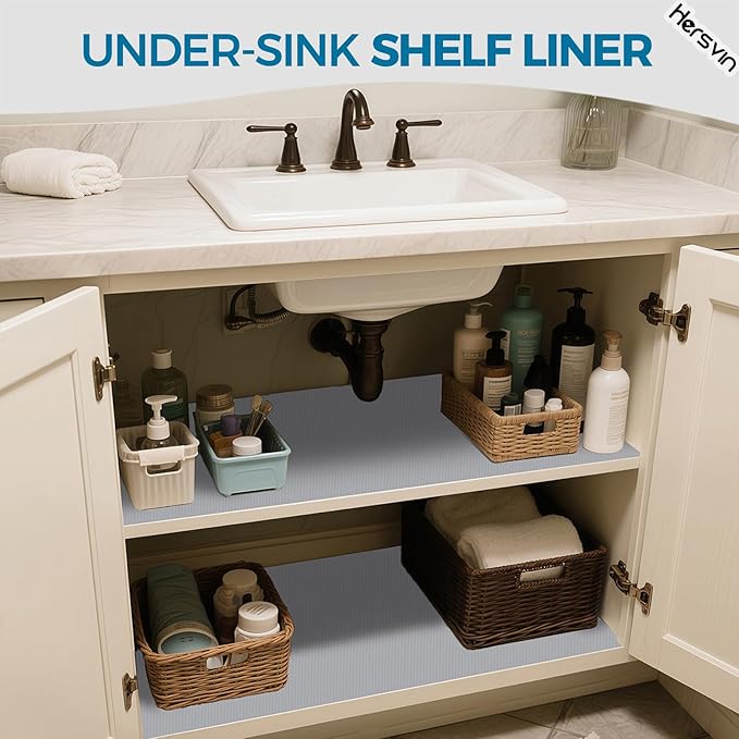 Hersvin Shelf Liners, 24in x 20ft Kitchen Drawer Mats, Non-Adhesive EVA Cupboard Protector, Cabinet Lining (Light Gray/Dot)
