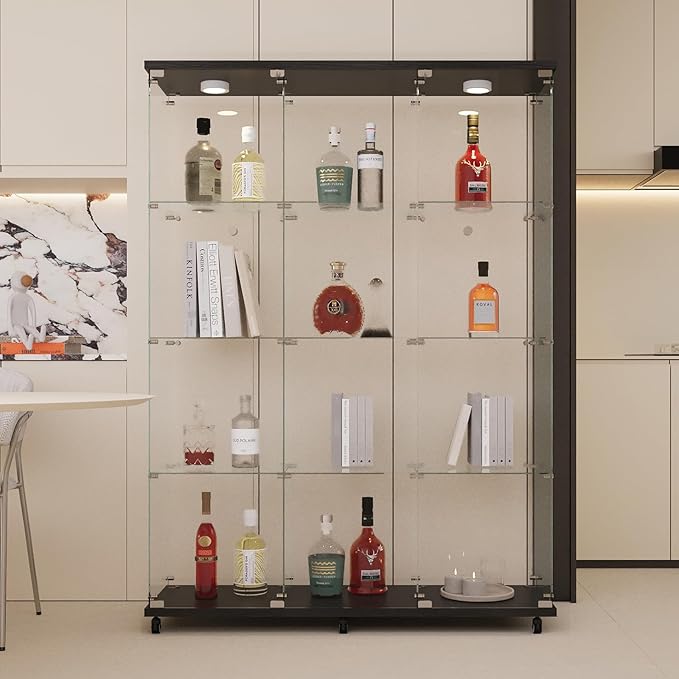 LFT HUIMEI2Y Glass Display Cabinet 12 Shelves with 3 Columns 2 Doors, LED Light and Lock, Extra Large Curio Cabinets Quick-Install Style Tempered Glass Bookshelf for Living Room, Kitchen Black