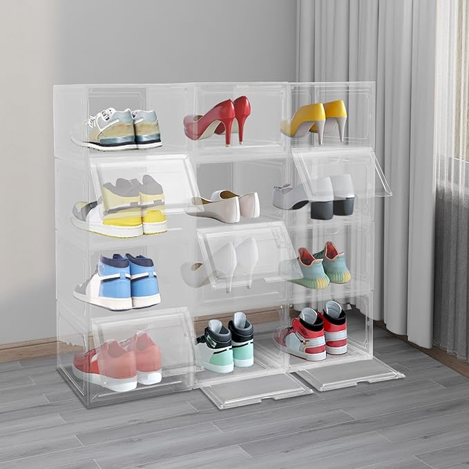 12 Pack Clear Shoe Boxs, Acrylic Shoe Storage Box W/ Magnetic Door, Front Door Opening, Stackable Shoe Container, Multifunctional Sneaker Organizer, Acrylic Shoe Display Case 10.63*13.58*7.48in