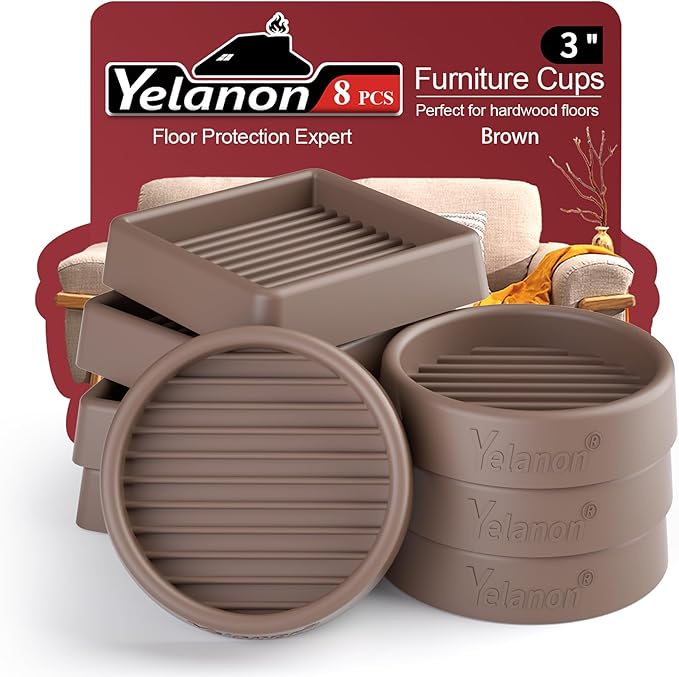 Yelanon Furniture Coasters - 8 Pcs 3”Round & Square Furniture Caster Cups - Non Slip Pads Hardwoods Floors Non Skid Furniture Grippers Rubber Feet Floor Protector for Bed Couch Stoppers Brown