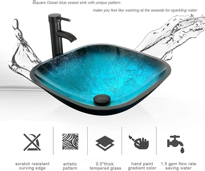 eclife 24" Bathroom Vanity Sink Combo Modern Metal Stand Cabinet W/Bottom Shelf Turquoise Square Vessel Sink & Water Save Faucet & Pop Up Drain, Oak (A10)