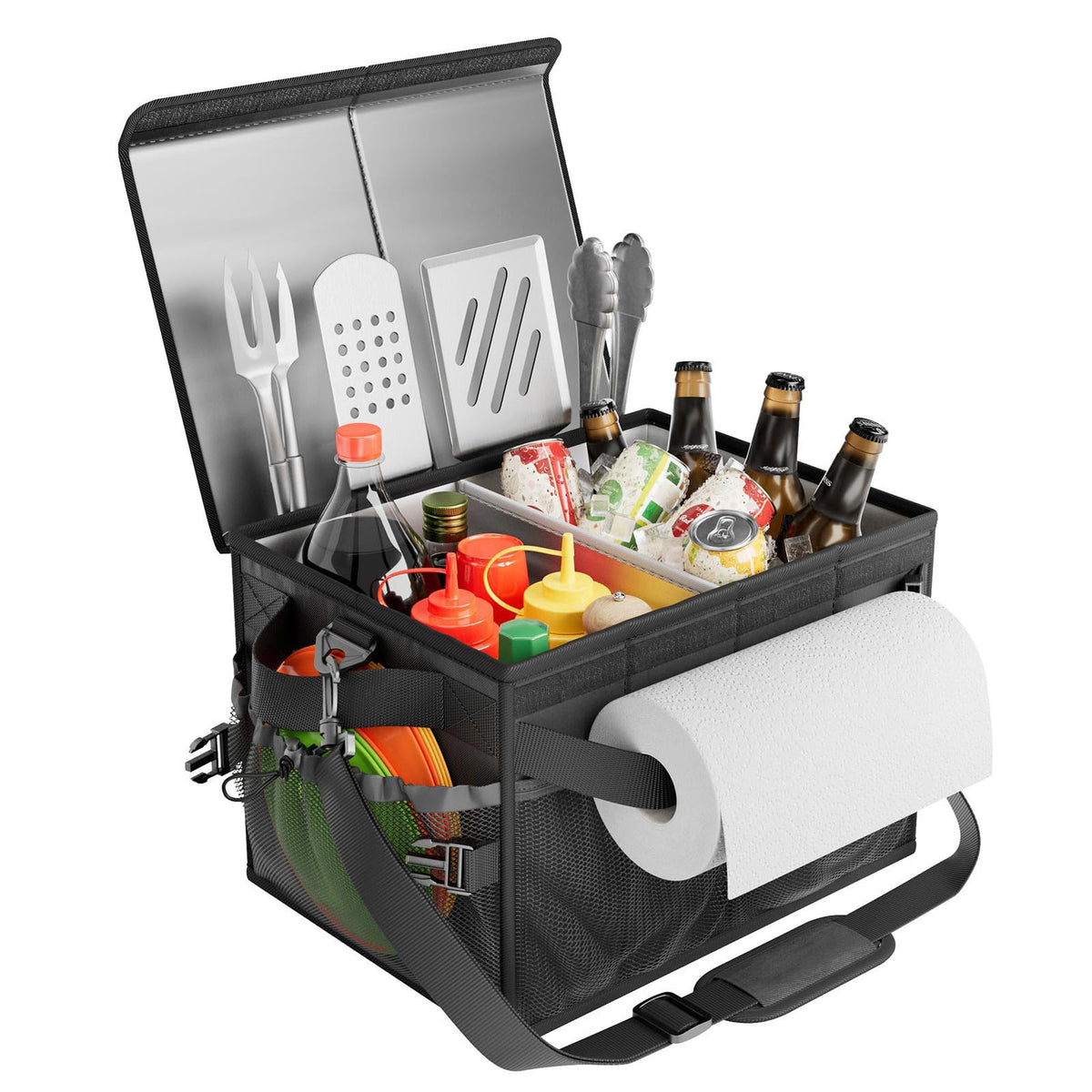 Grill Caddy with Lid, Foldable BBQ Caddy with Paper Towel Holder - Image 1