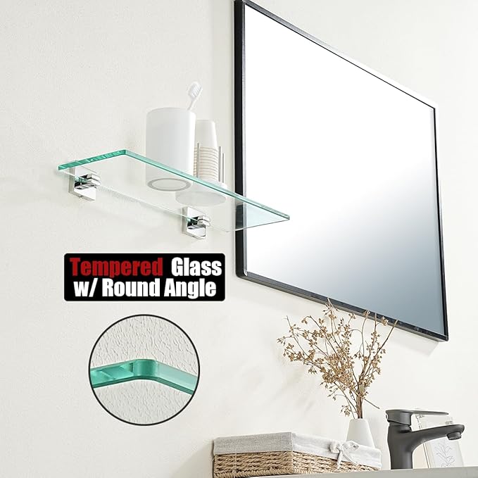 JQK Bathroom Glass Shelf, Floating Tempered Glass Shower Storage 16 by 5 inches, 304 Stainless Steel Polished Chrome Wall Mount, TGS201L16-CH