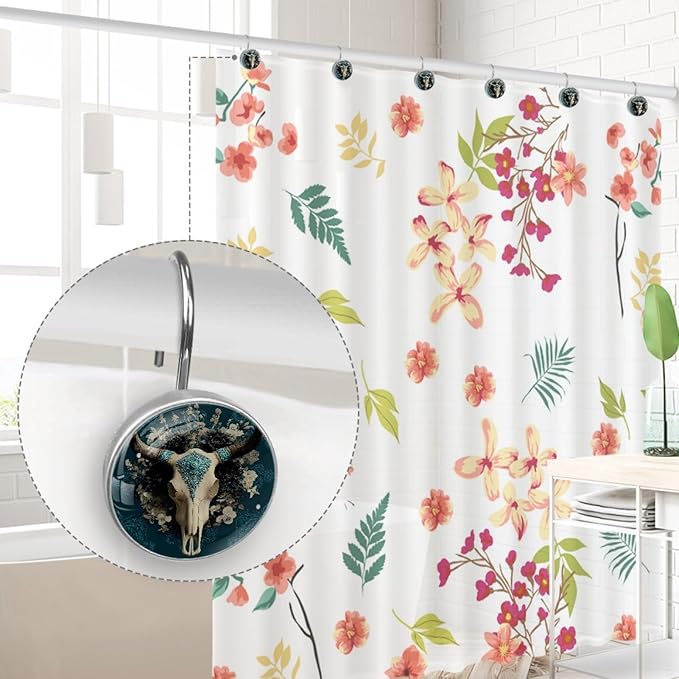 12 Packs Cow Skull Shower Curtain Hooks, Stainless Steel Glass Shower Curtain Rings for Bathroom Decor, Metal Rustproof Curtain Rod Hooks