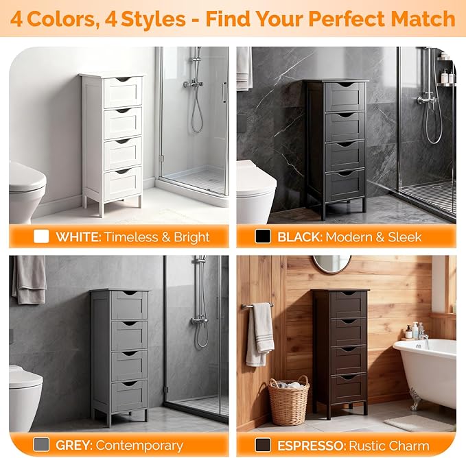 VINGLI White Bathroom Storage Cabinet with 4 Drawers Wooden Freestanding Slim Bathroom Floor Cabinet Small Side Organizer Storage Unit for Restroom Livng Room Kitchen Office Hallway Entryway