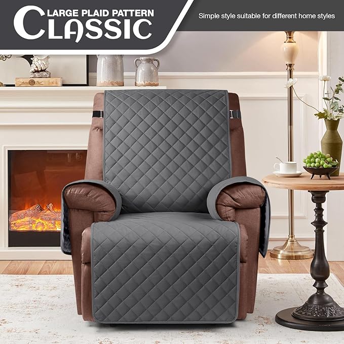 KinCam 100% Waterproof Recliner Chair Cover, Reclining Couch Covers for Pets, Dogs, Recliner Couch Slipcover Furniture Protector with Elastic Straps for Kids(30", Charcoal Gray)