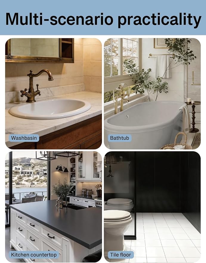 Bathroom Tile Paint, Sink Countertop Shower Paint 17oz, White Tub and Tile Refinishing Kit 10Pcs Tools, Low Odor Porcelain Fiberglass Tub Paint, for DIY Resurfacing Reglaze, 25-30 sq.ft