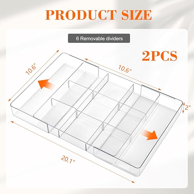 2 Pcs Large Expandable Acrylic Drawer Organizers, Grid Adjustable Drawer, Dividers Organizer for Desk, Makeup, Jewelry, Office, Kitchen Supplies (Transparent,11 Compartments)
